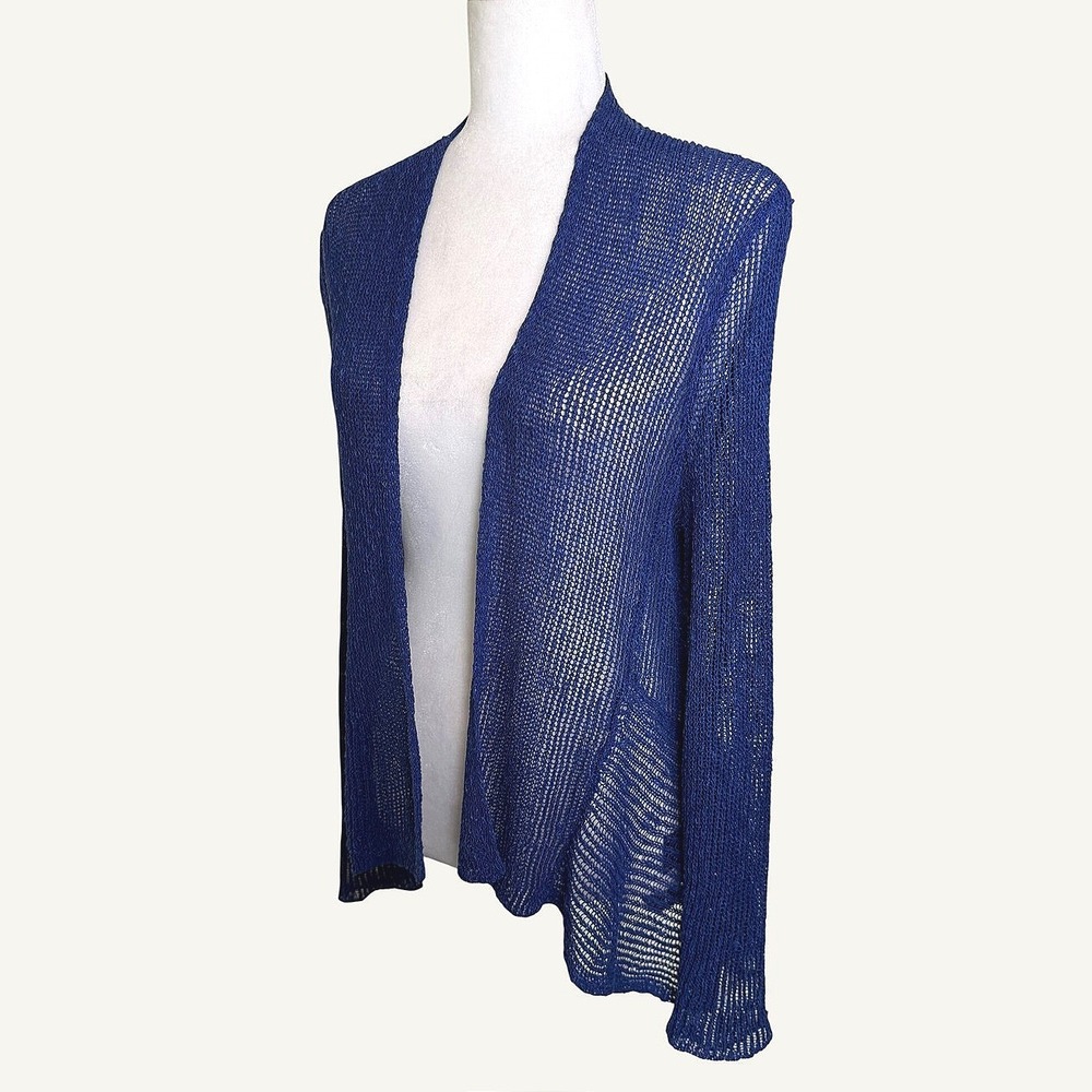 Eileen Fisher Royal Blue Linen Blend Open Front Mesh Cardigan Petit L Beach